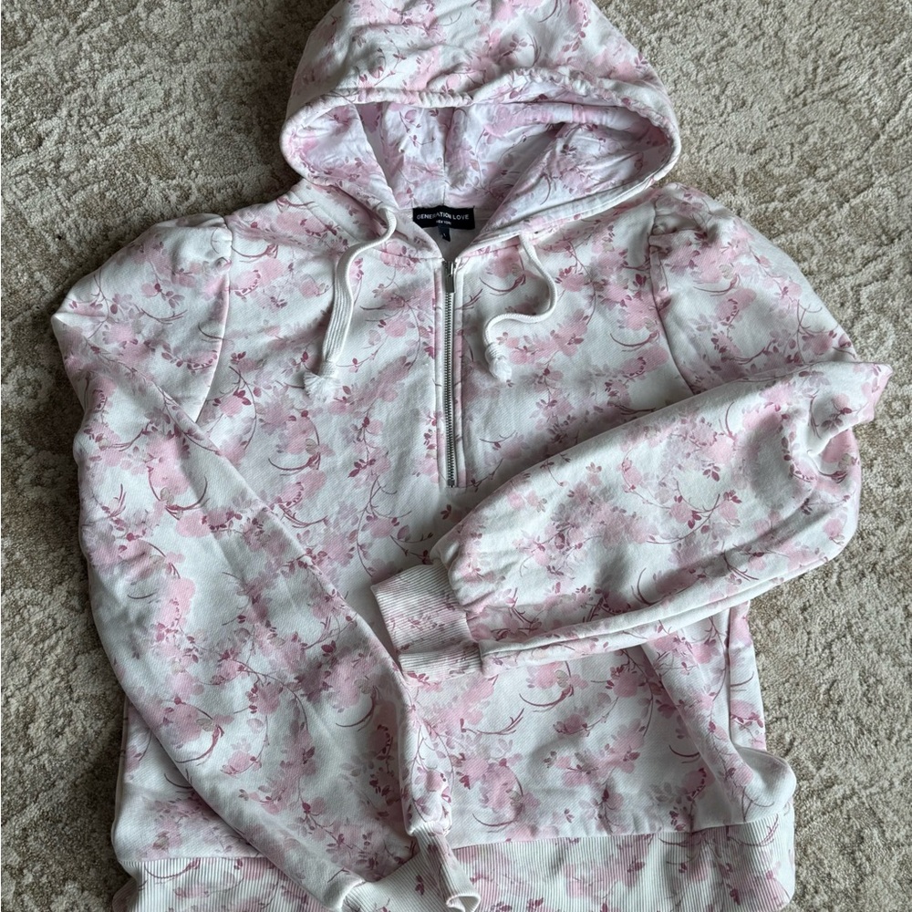 Generation Love White and Pink Floral Zip Hoodie - large